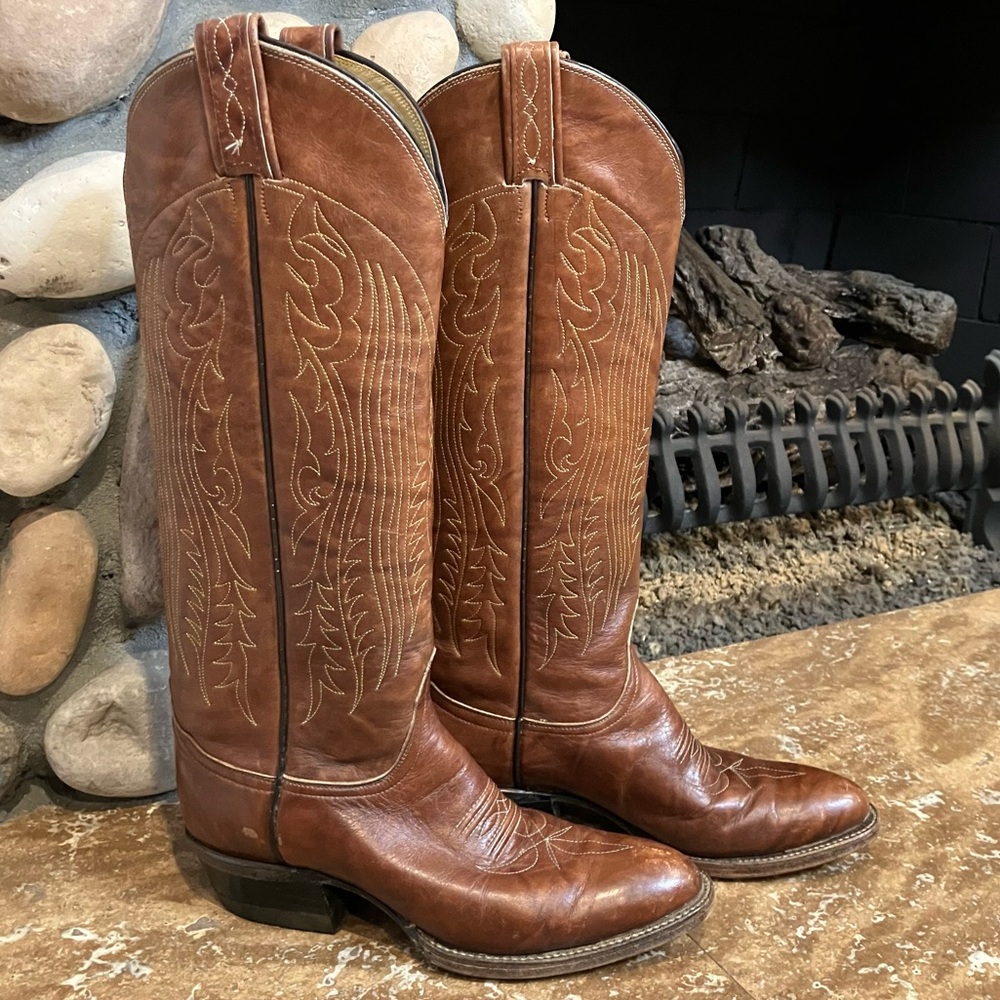 Tony Lama | Tall Brown Leather Embroidered Cowboy Boots